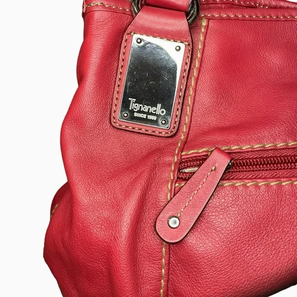 Tignanello Red Leather Hobo Bag With Striped Satin Interior Shoulder Purse - Picture 8 of 16